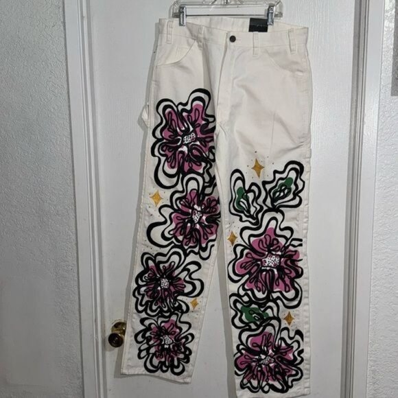 Dickies Mens 32X32 White Cotton Pants With Floral & Abstract Design